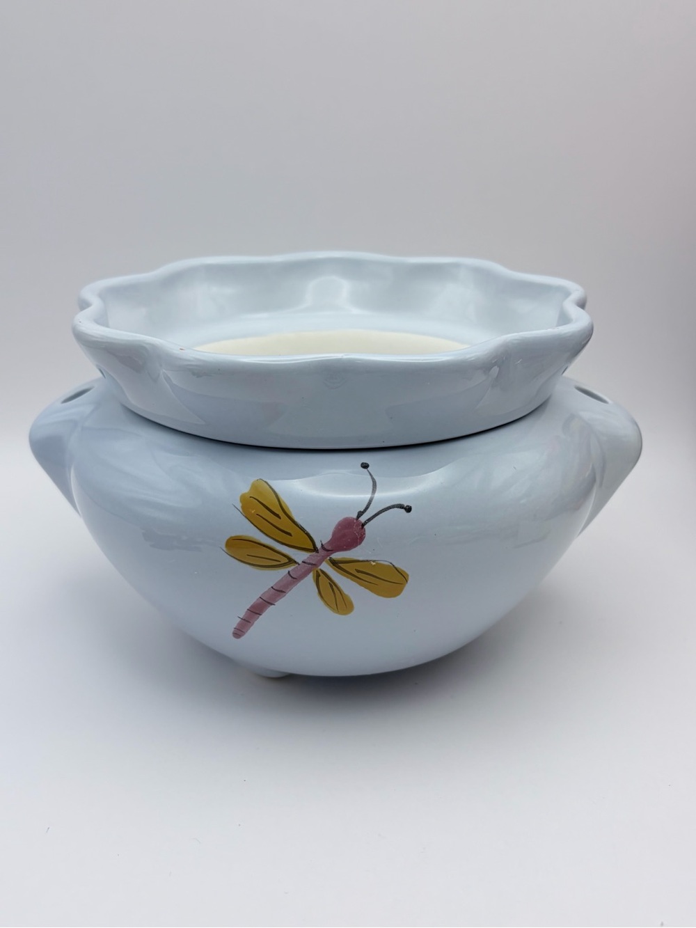 Vintage Ceramic *African Violet Planter Self  Watering Dragonfly Pot Light Blue
